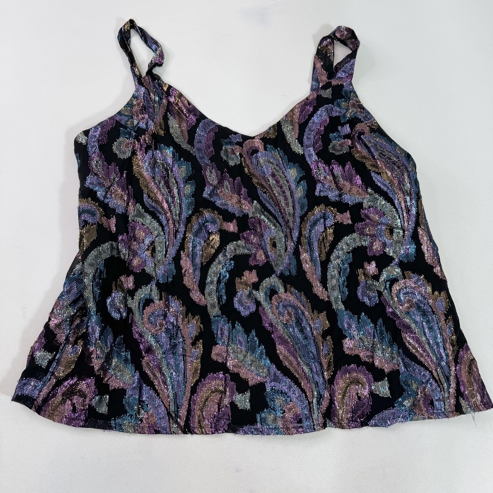 A.C. Sport Tank Top Womens 16W Black Metallic Paisley Jacquard Camisole Vintage